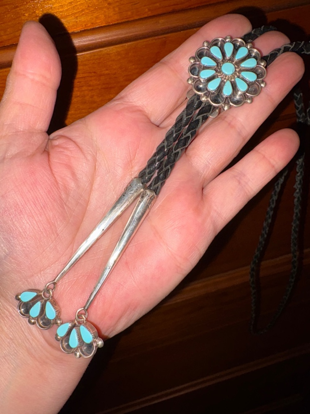 Turquoise Flower Bolo Tie with Braided Black Leather